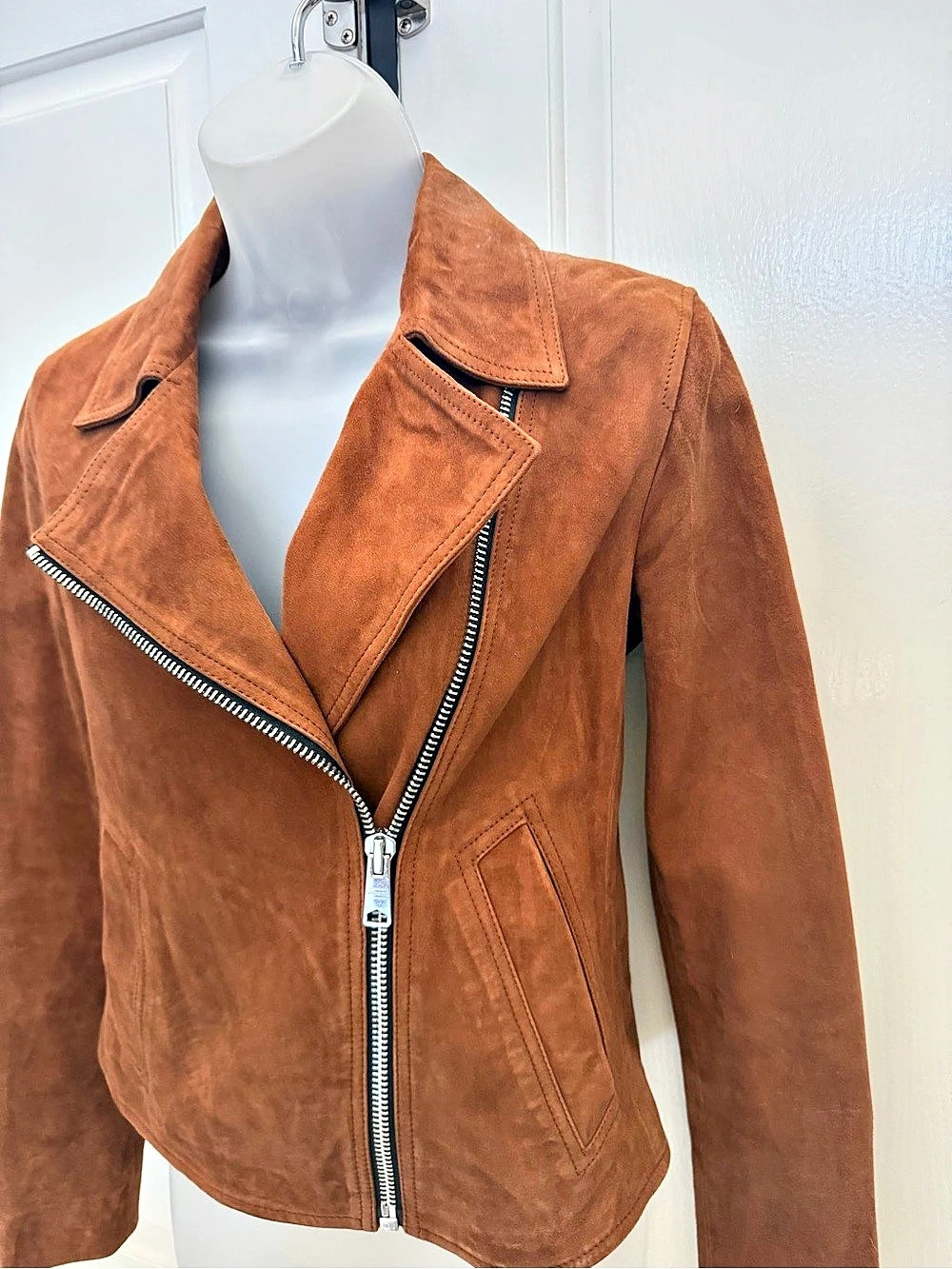 AllSaints Brown Suede Vela Leather Moto Jacket Size 4 - Picture 2 of 5
